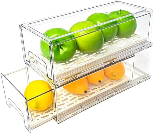 2 Pack Stackable Refrigerator Drawers Pull Out Bins Clear Fridge Drawer Organizer Food Storage Containers Plastic Veggie Fruit Produce Saver for Pantry Kitchen Freezer(M) | Amazon (US)