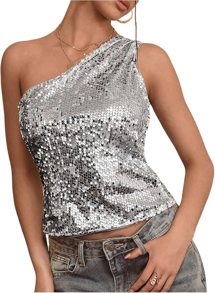 SOLY HUX Women's Sparkly One Shoulder Sequin Concert Crop Tops | Amazon (US)