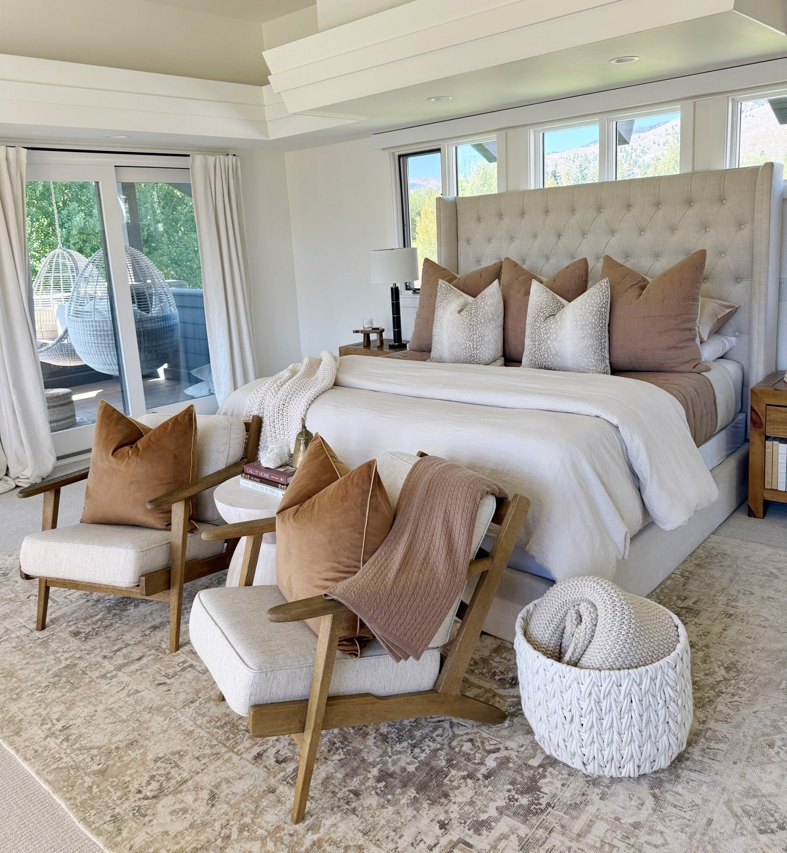 Cozy fall bedroom 🛏️🍂🤎 neutrals and browns! 

Low-tox bedding
Rug
Home decor
Pillows 
Accent chairs

#LTKHome #LTKSeasonal