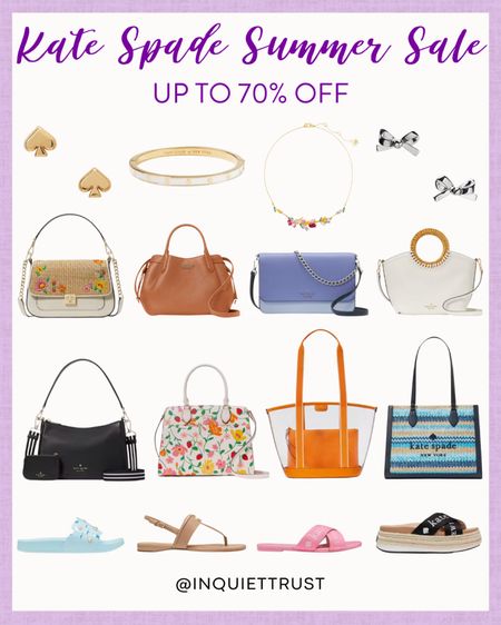 Attention Kate Spade fans! Grab these cute jewelry, handbags, tote bags, and sandals while they're up to 70% off! Enjoy an extra 20% off with code: SUMMER20.   
#salealert #fashionfinds #shoeinspo #vacationstyle

#LTKStyleTip #LTKShoeCrush #LTKSeasonal