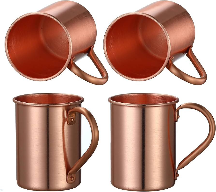 Pure Copper Moscow Mule Mugs, Set of 4, Handmade, Straight Smooth Finish, Riveted Handle | Amazon (US)