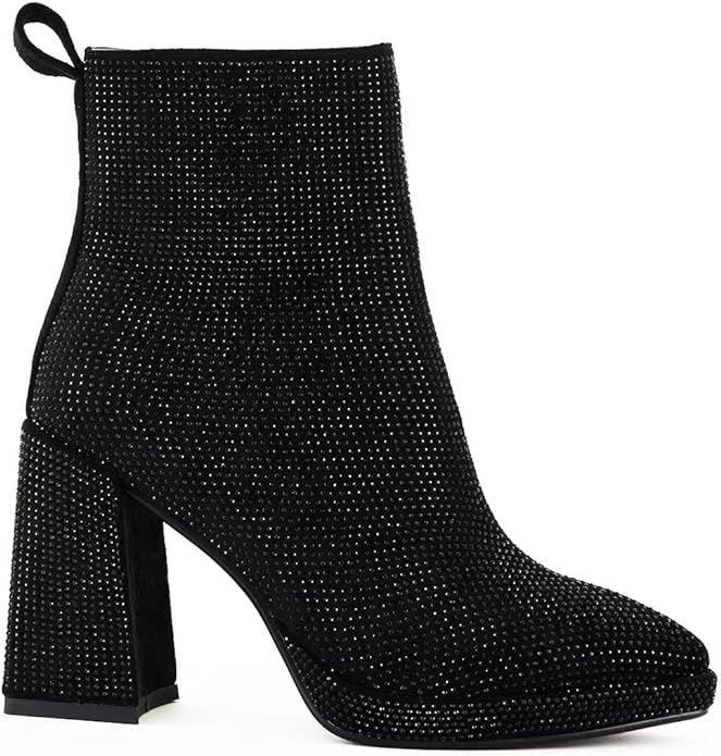 Women's rhinestone Ankle Boots Chunky Heels Sparkly Booties Ladies Zipper Party Prom Booties | Amazon (US)
