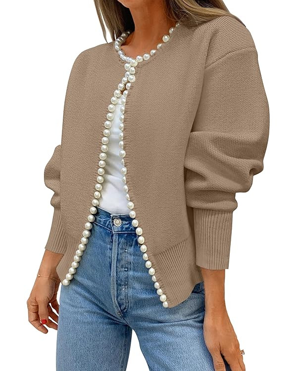 ZESICA Women's Open Front Cardigan Sweater 2025 Fall Casual Knitted Long Sleeve Pearls Trim Outer... | Amazon (US)