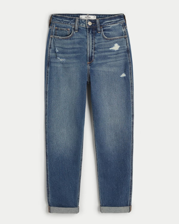 Women's Curvy Ultra High-Rise Ripped Dark Wash Mom Jeans | Women's Bottoms | HollisterCo.com | Hollister (US)