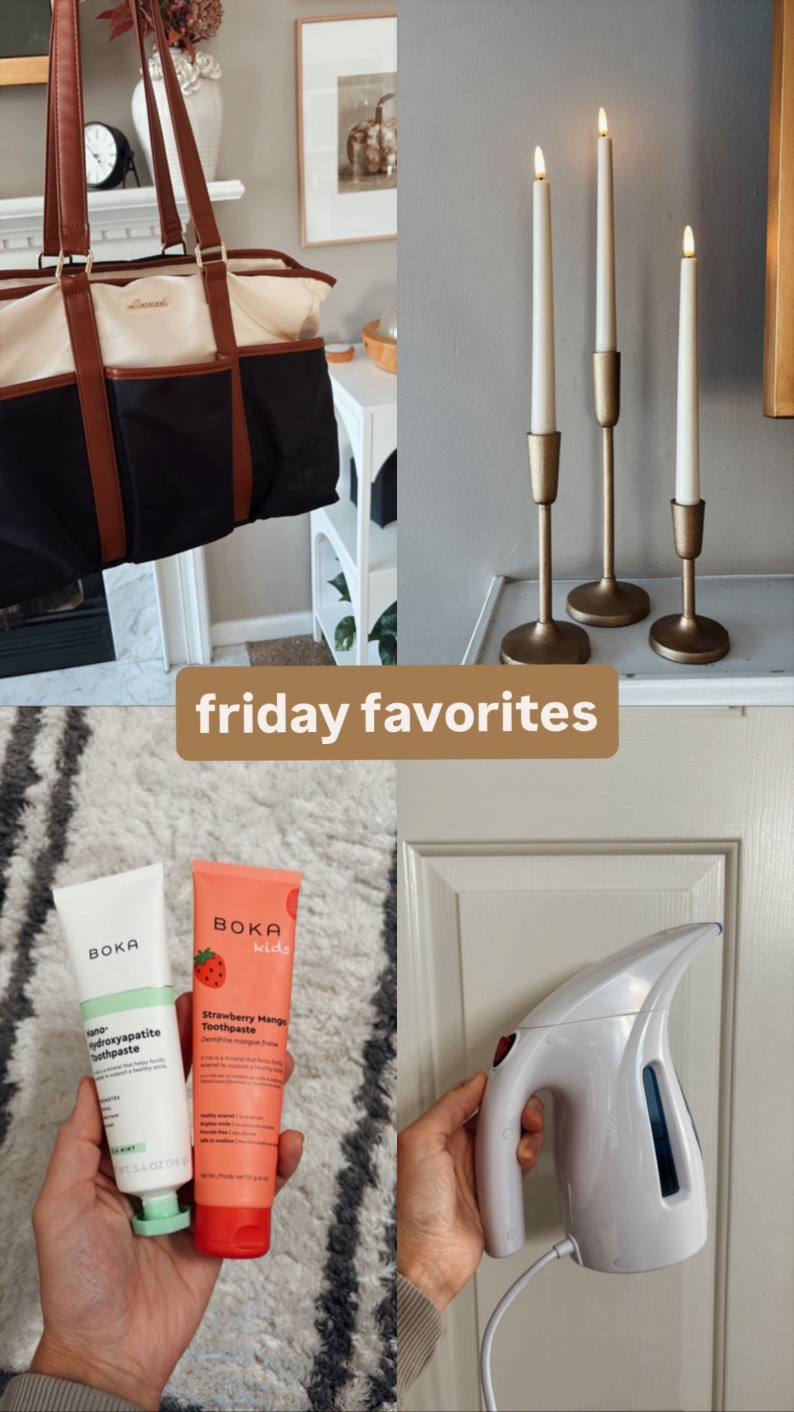 Some of my FAVORITE things this week!! The absolute best clothes steamer, the best laptop/teacher bag and tote, fluoride free toothpaste, and gorgeous battery remote candles and candle holders for a cozy fall 🙌🏻🍁