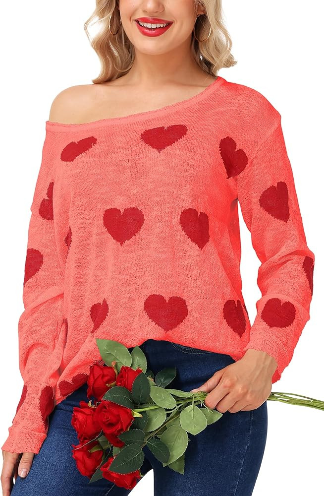 Womens Valentine Sweaters Off Shoulder Pullover Love Heart Long Sleeve Ripped Tops | Amazon (US)