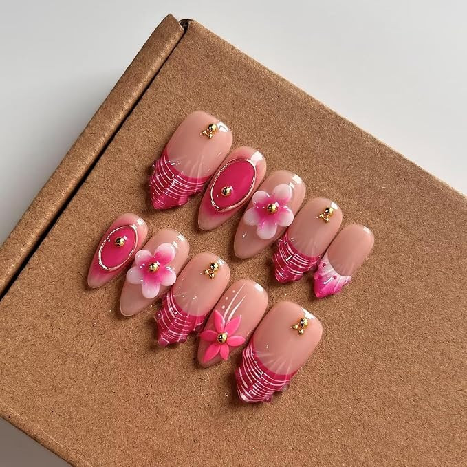 MAGLFELL 10Pcs Press On Nails Handmade Almond Shaped Fashionable Nail Art for Women, 3D French Fl... | Amazon (US)