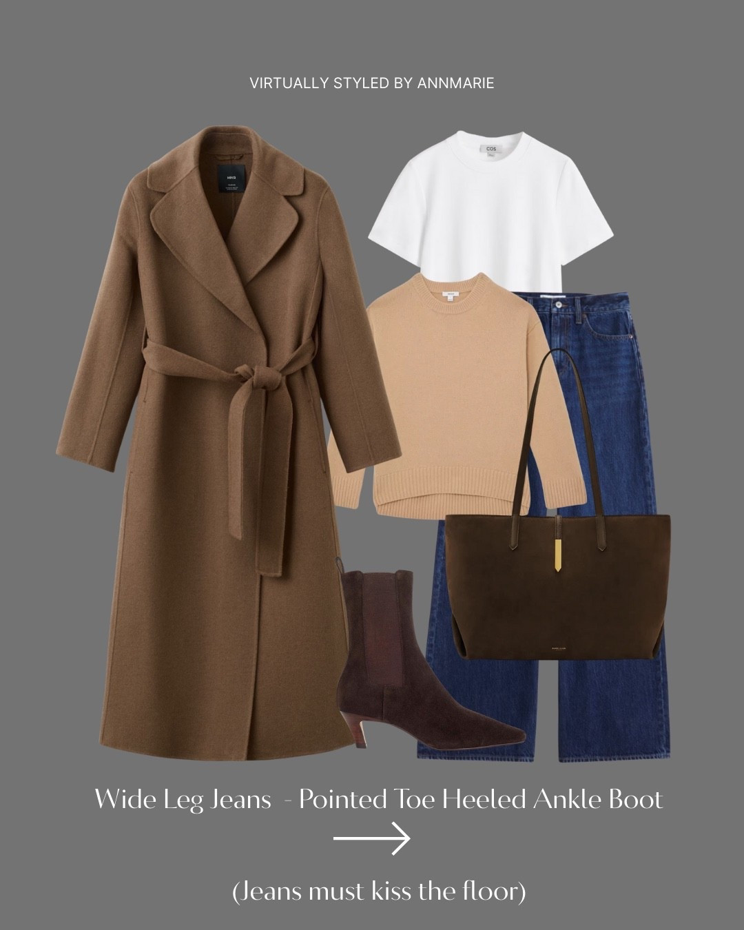 Winter Formula Outfit - long wool coat knit, ankle boots @ wide leg jeans 
