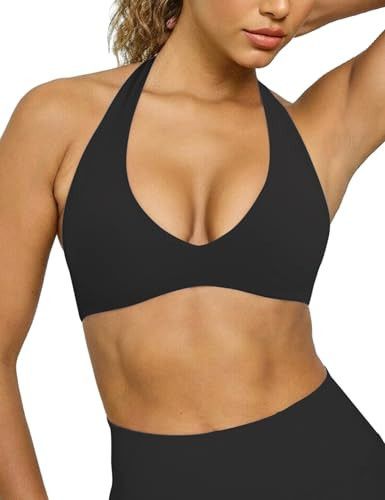 Ieumaz Halter Sports Bras for Women Minimal Deep V Neck Open Back Wireless Workout Gym Yoga Bra Black | Amazon (US)