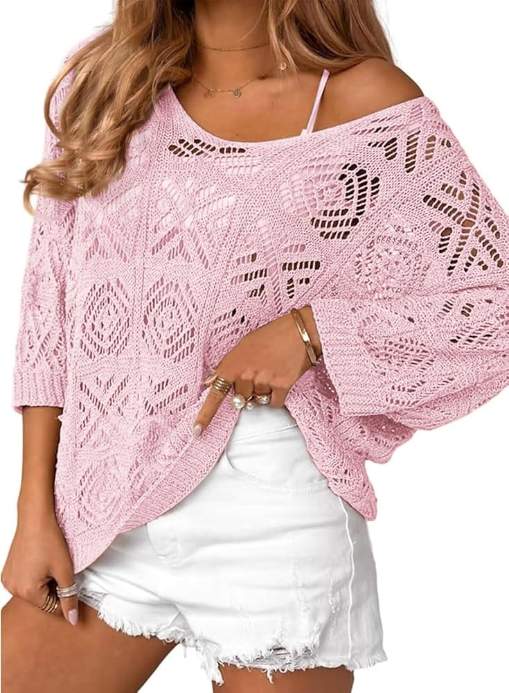 Zeagoo Women's Summer Crochet Off The Shoulder Hollow Out Knit Tops 2025 V Neck 3/4 Sleeve Sweate... | Amazon (US)