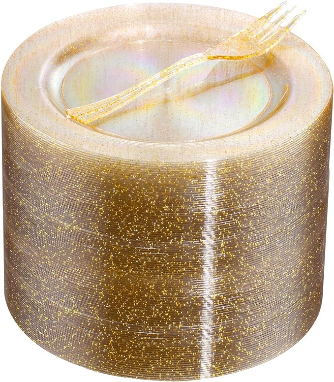WELLIFE 60PCS Gold Glitter Dessert Plates and 60PCS Plastic Forks, 6.3 inch Disposable Dessert Pl... | Amazon (US)