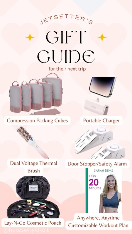 ✈️ Jetsetter’s gift guide for their next trip! Whether it’s for your friend or yourself, these are all great to have on your trip.
Here’s why I like them:

-Compression Cubes: make packing better by, well, compressing the clothes so you have more room in your suitcase. This same brand also makes 2 packs of the larger cubes to buy a la carte if that fits your needs better!
 -Portable charger: Never be without one.  I like this one because it is smaller (I have another that I like that charges multiple devices but this is easier)
 -Dual Voltage Thermal Brush: No matter where in the world you go, you can use it with an adapter (sorry Dyson, I love you and you’re a great tool for travel too, but, not dual voltage :( ).  This is fast, easy, makes my hair look shiny and styled after, and another perk is that it has no noise, so if others in your travel party are sleeping, this is silent. The styles hold well!!!
 -Door Stoppers/Safety Alarm - No dollar sign on peace of mind. If someone were able to open your door, this will also set off an alarm! 
-Lay-n-Go Pouch: When traveling, there’s a lot of value in being able to just throw things in and go.  No organizing things in a pouch and making them fit just-so.  Just….easy.  There’s also a velcro strap to hold brushes!  (Reminds me….need to link travel makeup brushes I like). 
-Fit in 20 Minutes e-Book:  No gym? No problem! This is the first customizable, yet pre-made, workout plan.  Can be used with (and especially without) equipment.  Designed by Nationally Certified Personal Trainer and Luxury Travel Advisor, yours truly, who has used it on vacation/at home for years and lost all baby weight from this program. Flexibility is the name of the game when traveling, so I love this for a quick, easy-to-stick-to way to guarantee a workout, even in a hotel room.

Christmas gifts, luxury travel, travel gifts, vacation, vacation gifts, portable charger, compression cubes, travel must haves , dual voltage, hotel, cruise, Airbnb, Vrbo, Disney, virtuoso, travel blogger, 2023, 2024


#LTKtravel #LTKGiftGuide #LTKHoliday