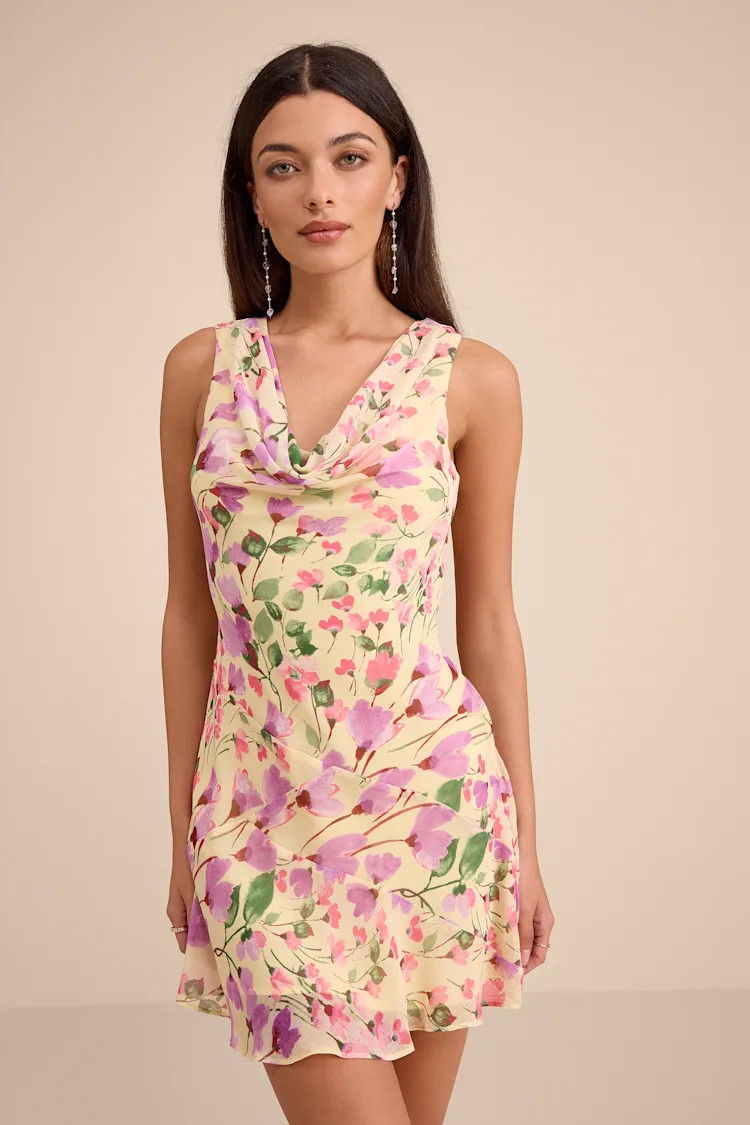Odette Yellow Floral Cowl Neck Mini Dress | Lulus