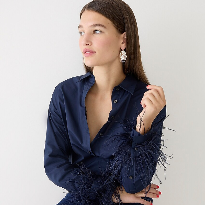 Feather-trim cotton poplin button-up shirt with collar | J. Crew US
