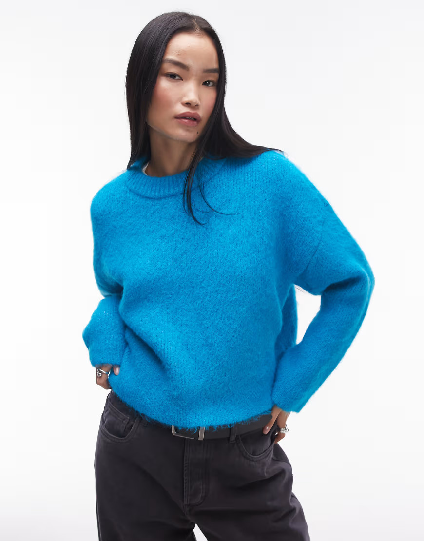 Topshop knitted fluffy relaxed ultimate sweater in bright blue | ASOS (Global)