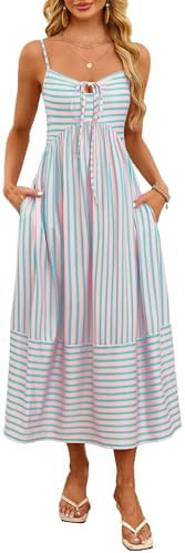 Fashionme Womens Summer Maxi Dresses 2026 Trendy Striped Vacation Boho Beach Spaghetti Strap Sund... | Amazon (US)