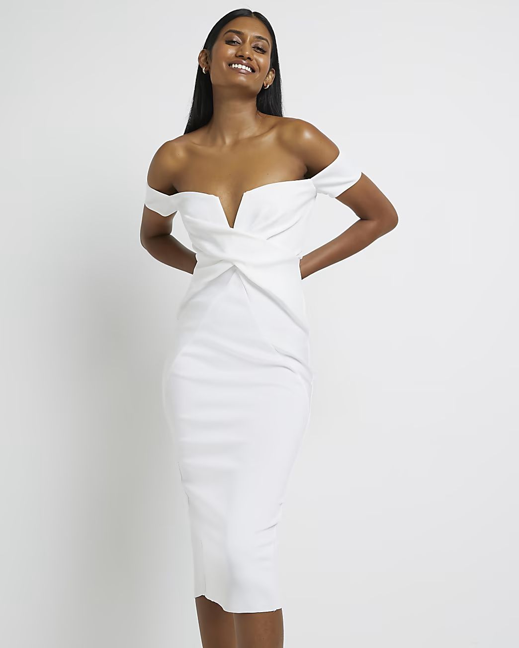 White bardot bodycon midi dress | River Island (UK & IE)