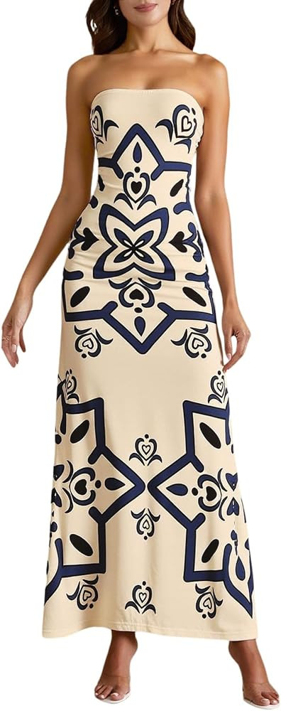 winkbay Women's Boho Print Tube Top Dress Summer Strapless Bodycon Maxi Dress Beach Vacation Clot... | Amazon (US)