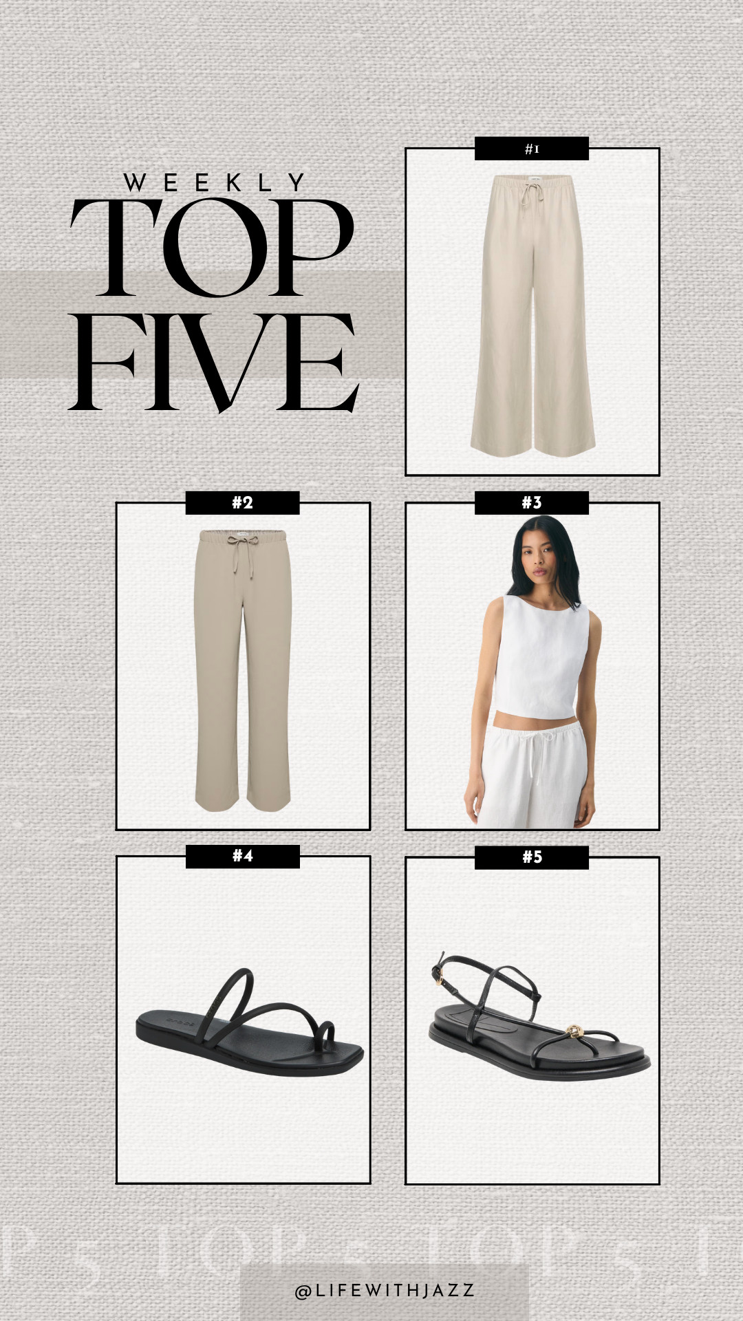 this week's top 5: 

1. aritzia linen lodge pants 
2. aritzia lodge pants in crepette - wrinkle-free
3. aritzia cavalier top - love the quality, not-see through 
4. crocs miami toe loop sandals -- i have narrow feet and find these to fit + stay on well, can easily do 6k steps in these 
5. dolce vita strappy sandals -- i have the version of these without the gold hardware on it, it's well-padded

summer outfits / summer staples / linen pants / travel pants  

 #LTKSeasonal