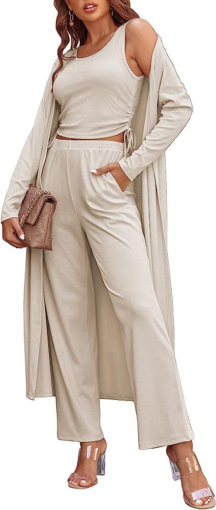 Ekouaer Womens Pajama Set 3 Piece Lounge Set Drawstring Side Tank Top Long Pant Tracksuit Sweatsu... | Amazon (US)