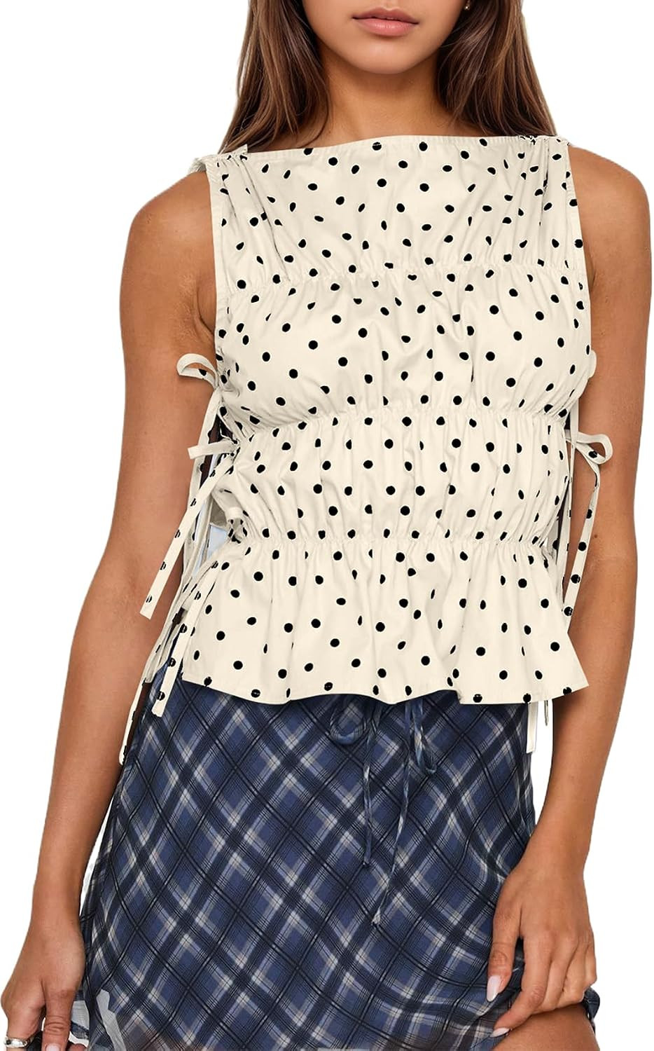 Women Polka Dot Sleeveless Peplum Tops Side Bow Tie Ruched Smocked Tank Tops Boat Neck Summer Going Out Shirts | Amazon (US)