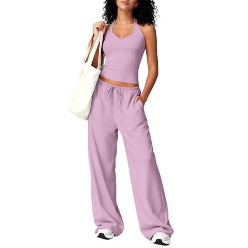 Women's Sexy 2 Piece Outfits Sleeveless Halter Tank Top and Loose Wide Leg Pants Matching Lounge Set | Amazon (US)