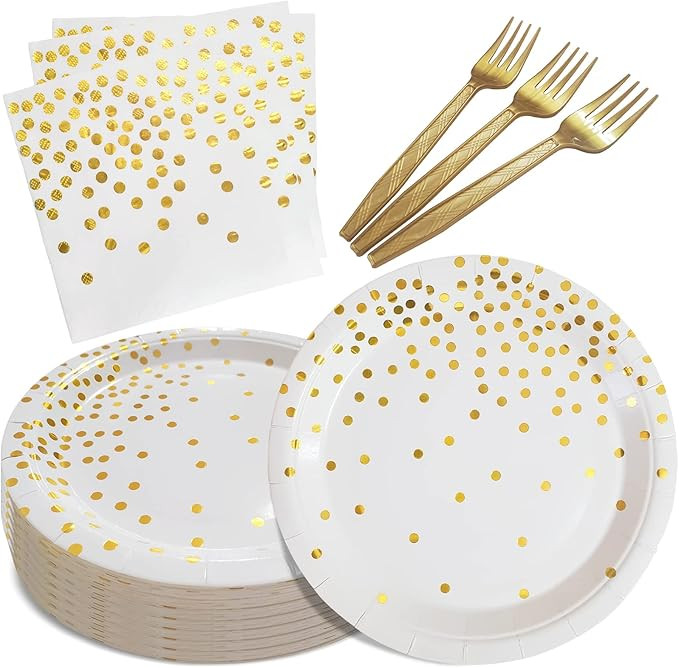 White and Gold Paper Plates Napkins Party Supplies,Disposable Gold Dot Paper Dessert Plates,105 P... | Amazon (US)