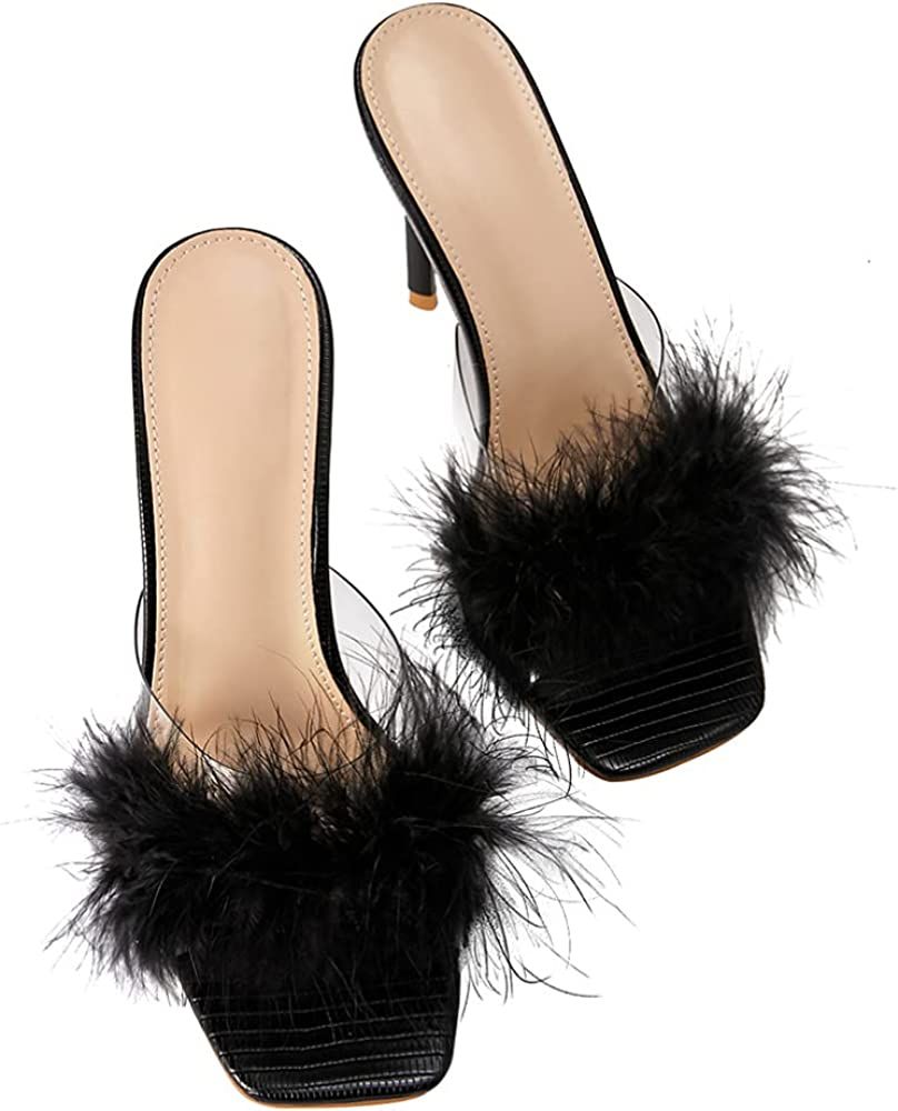 Generic Womens Faux fur Kitten Heel Sandals Dress Sandal Fluffy Feather Lace Up Strappy High Heel... | Amazon (US)