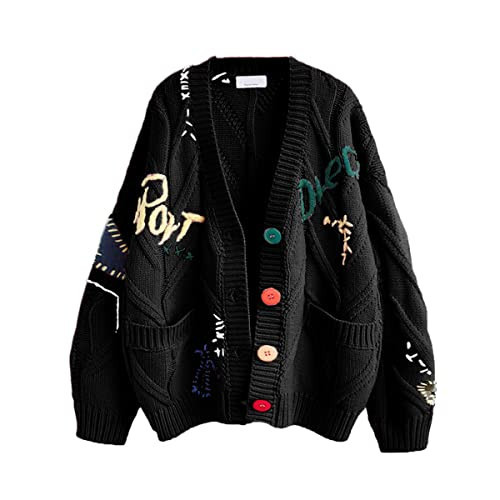 Women's Cable Knit Long Sleeve Open Front Cardigan Sheep V-Neck Button Down Embroidery Wool Blend Sweater Coat Outwear (XS,Black) | Amazon (US)