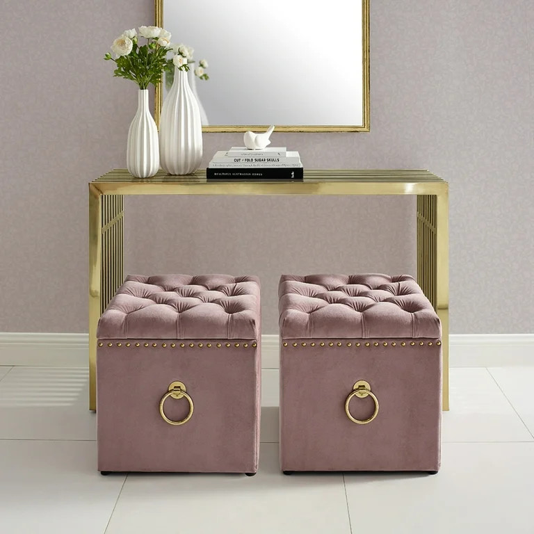 Inspired Home Melania Velvet 1pc Storage Ottoman Gold Nailhead Trim , Blush | Walmart (US)