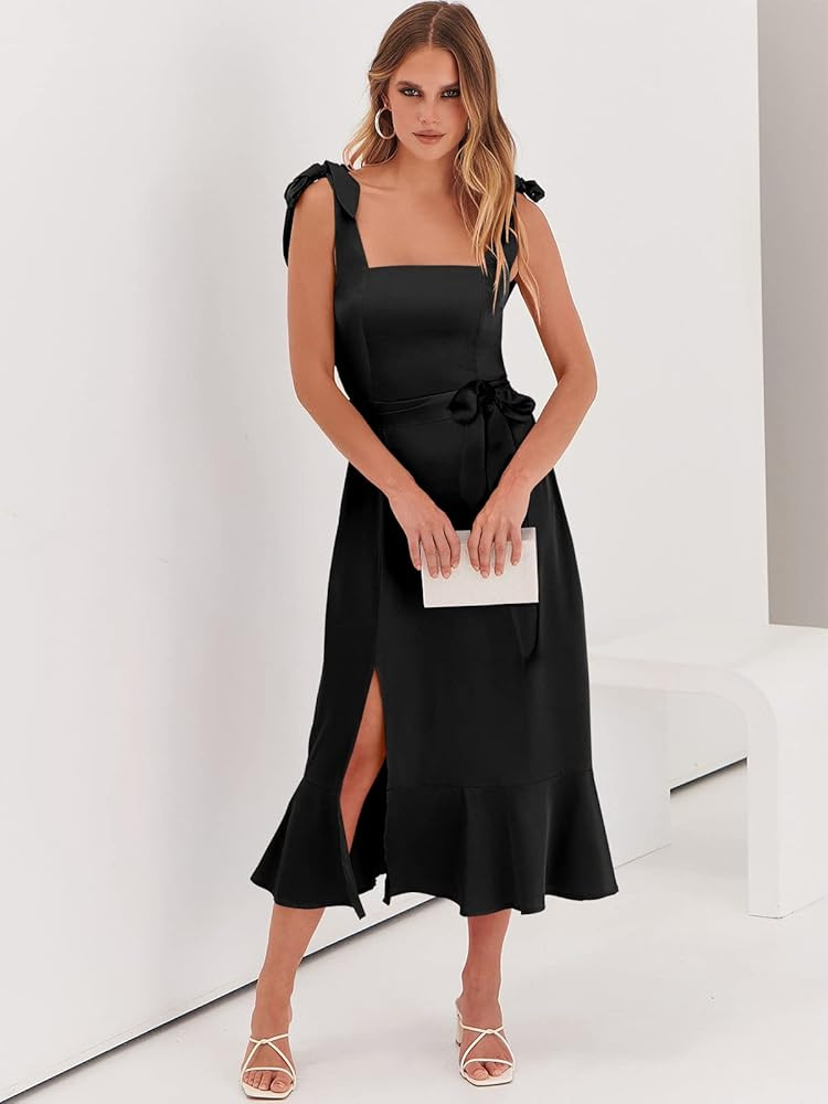 ANRABESS Women's Satin Formal Dress Square Neck Ruffle Split Midi Bridesmaid Dress for Wedding Gu... | Amazon (US)