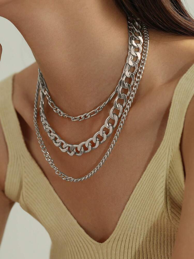 3pcs Set Minimalist Multi-Layer Silver Color Chain Necklace Jewelry, Exaggerated Street Hip-Hop Thick Link Chain Layered Necklace (Chain Connector & Bead Count Randomly Varied) | SHEIN
