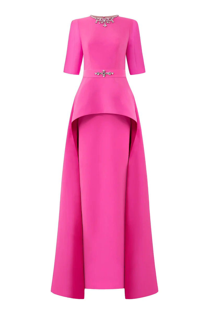 COLUMN EVENING GOWN WITH ELBOW LENGTH SLEEVES AND ATTACHED MULLET PEPLUM | IHF | CULT MIA | CULT MIA UK LTD