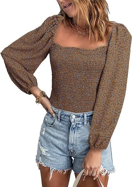 BTFBM Women's Casual Long Sleeve Off The Shoulder Shirts Tops Square Neck Slim Fit Floral Print S... | Amazon (US)