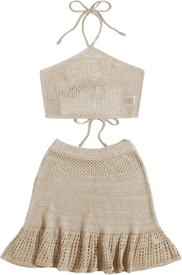 SweatyRocks Women's 2 Piece Swimsuit Coverup Tie Backless Halter Crop Top and Ruffle Skirt Swim C... | Amazon (US)