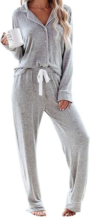 Women's Pajama Sets Long Sleeve Button Down Sleepwear Nightwear Soft Pjs Lounge Sets (Small, Blue... | Amazon (US)