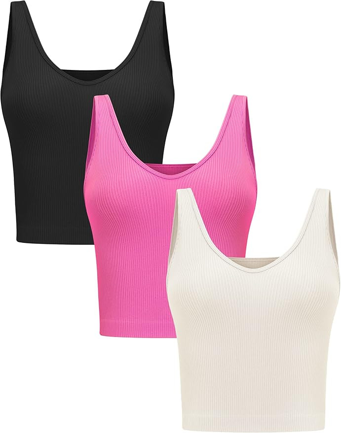 Relety Women's 3 Piece Workout Crop Tank Tops Ribbed Seamless Sleeveless Athletic Yoga Reversible... | Amazon (US)