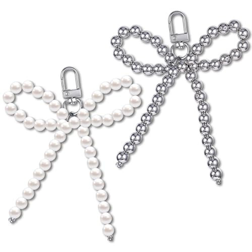 Lusofie 2 Pack Heart Pearl Bow Keychain, Bow Bag Charm, Y2K Bowknot Keyring, Cute Bag Car Keys Charms Accessories for Women(Silver, White) | Amazon (US)