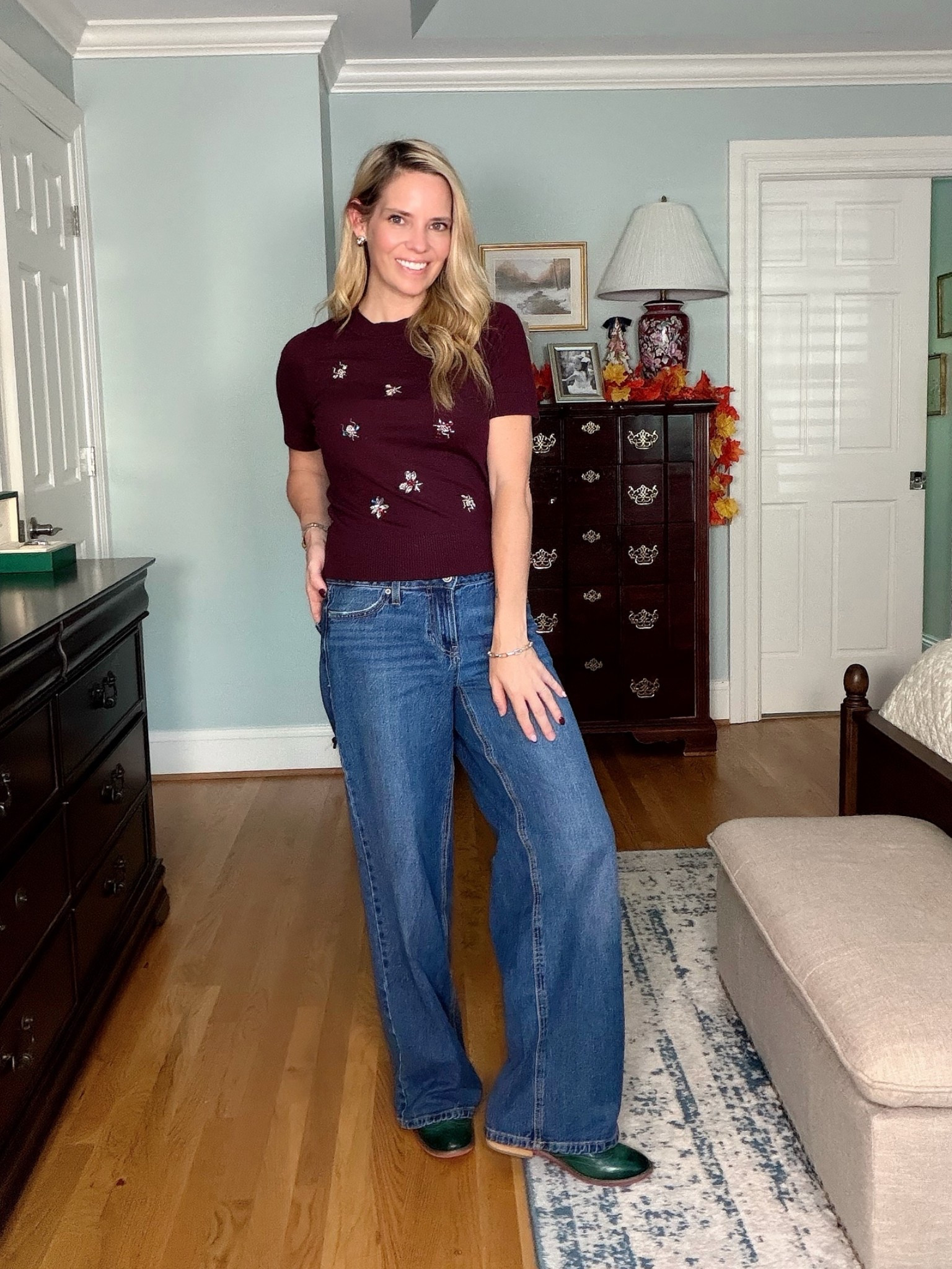 Burgundy + Jewel Bug Sweater: Easy Fall Transition 🍂🍷

The prettiest little details make this fall transition outfit! 🍁✨ This burgundy sweater is covered in colorful jewel bugs and beetles, giving a classic knit a fun, whimsical twist. 🪲💎

I paired it with relaxed wide-leg denim and green loafers for an easy, polished look that’s comfortable enough for everyday wear. 💚 I love how the burgundy + denim + green combo feels so perfect for fall!

burgundy sweater, jewel bug sweater, beetle sweater, embroidered sweater, embellished sweater, wide leg jeans, fall transition outfit, preppy fall outfit, women over 40 fashion, colorful fall outfit, green loafers, classic fall style, whimsical fashion, everyday fall outfit, preppy style

#LTKOver40 #LTKSeasonal #LTKootd