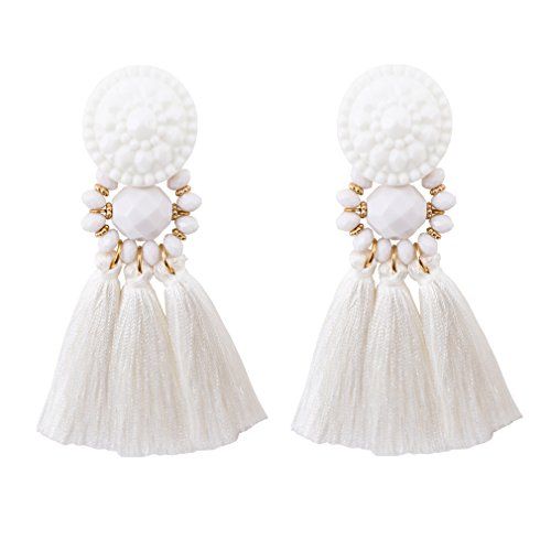 Boderier Bohemian Statement Thread Tassel Chandelier Drop Dangle Earrings with Cassandra Button Stud | Amazon (US)