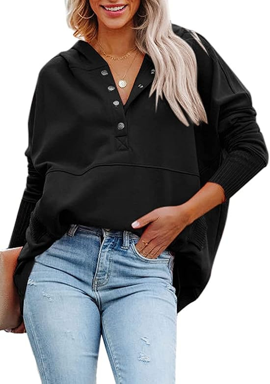 PAODIKUAI Women Casual Button Hoodies Oversized V Neck Long Sleeve Pullover Sweatshirt Hooded Top... | Amazon (US)