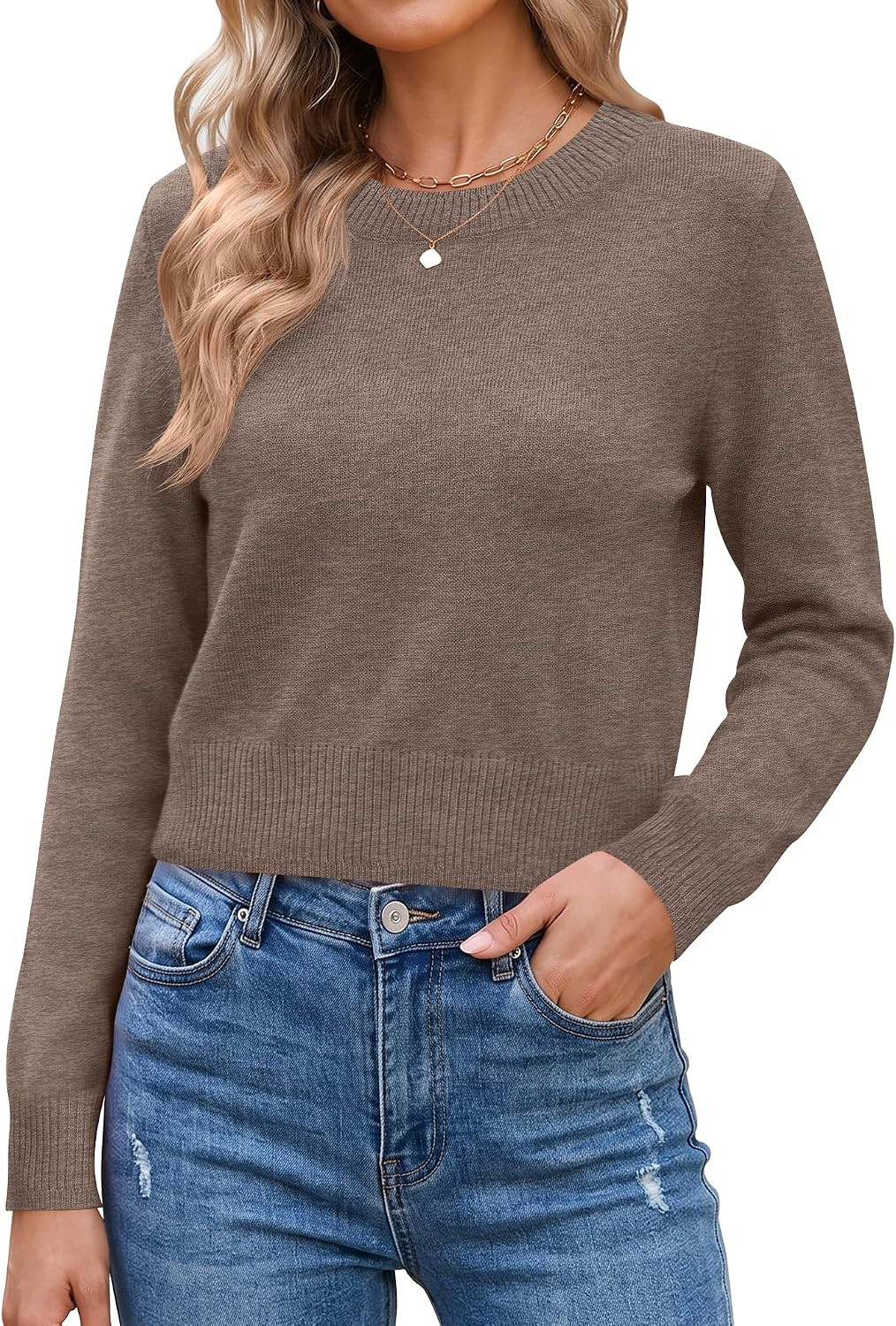 LOMON Women's Cropped Sweaters Crewneck Fall Clothes Long Sleeve Knit Tops | Amazon (US)