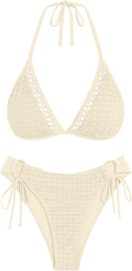 ZAFUL Women's Halter Triangle Bikini Set Crochet Boho Floral Swimsuit Cut Out Tie Side Two Piece ... | Amazon (US)