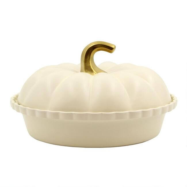 Matte White Ceramic Pumpkin Shaped Deep Pie Dish with Lid | World Market
