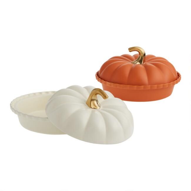 Matte White Ceramic Pumpkin Shaped Deep Pie Dish with Lid | World Market