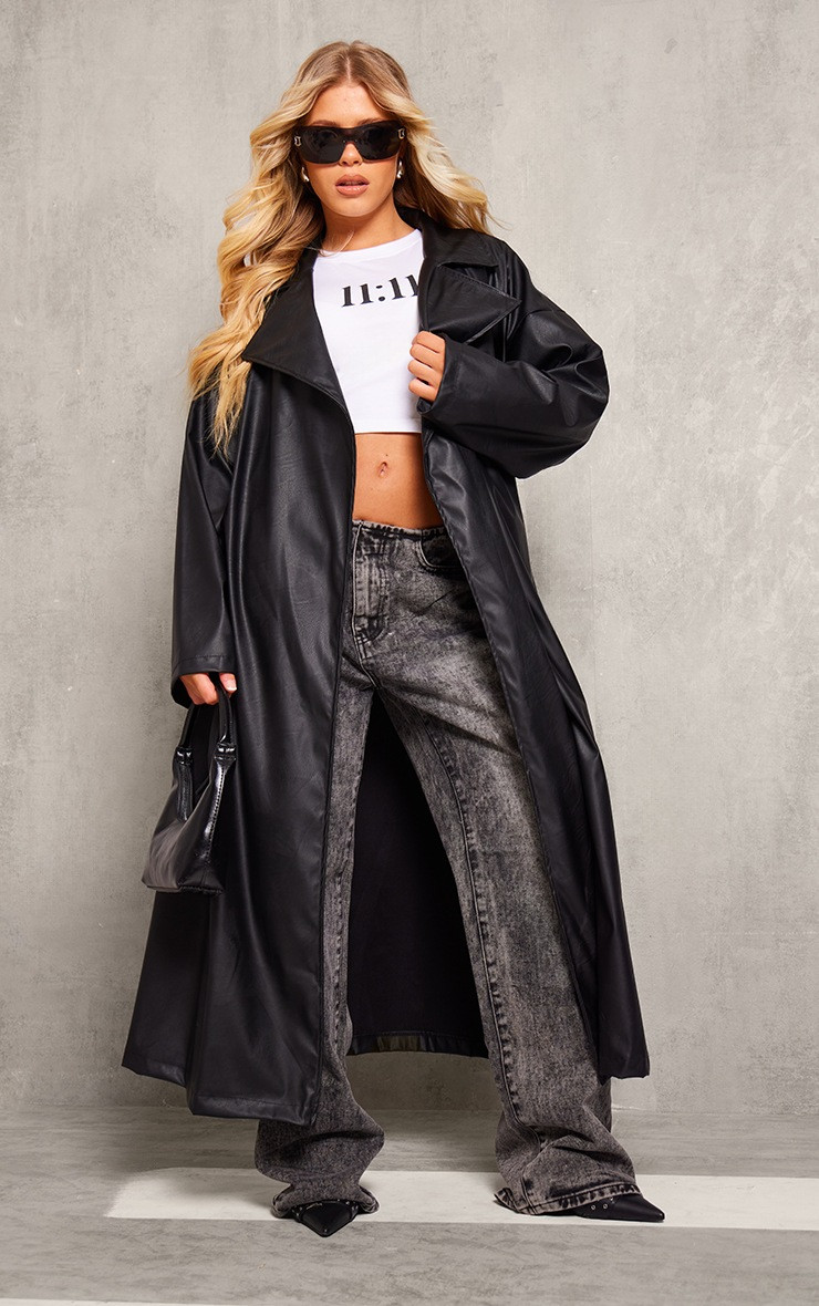 Black Faux Leather Structured Trench Coat | PrettyLittleThing US