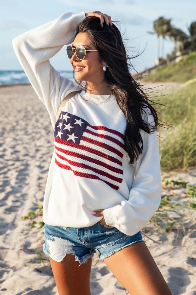 Home Of The Free Ivory Textured Flag Sweater | Pink Lily