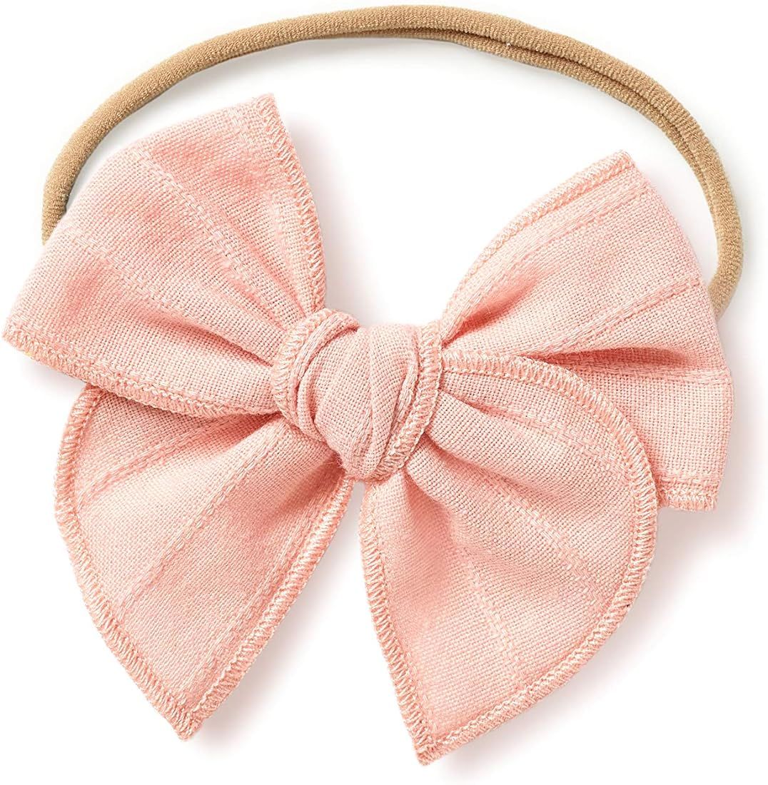 Little Poppy Co Bows, Handmade Claire Bow, Solid Embroidered Stripe (Pink, Original Nylon) | Amazon (US)