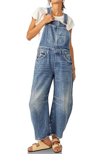 PLNOTME Womens Denim Bib Overalls Barrel Leg Adjustable Strap Jean Pants Jumpsuits with Pockets | Amazon (US)
