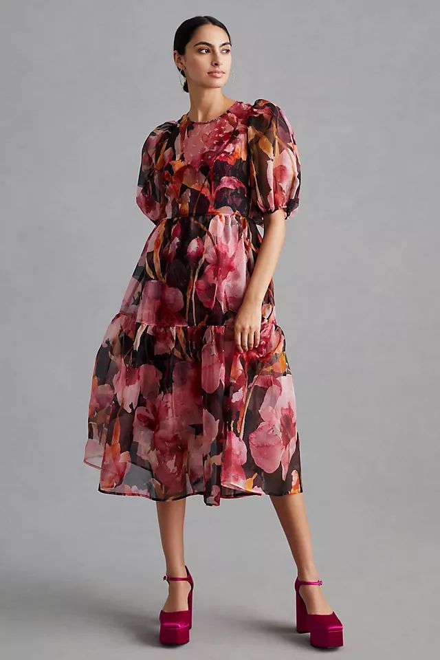 By Anthropologie Puff-Sleeve Organza Midi Dress | Anthropologie (US)